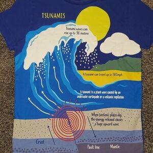 Mini Boden Sz 6/7 Tsunamis Graphic Tee in Royal Blue with Multicolor Wave Print